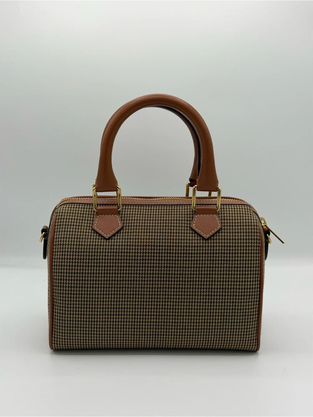 Celine Brown Houndstooth Satchel with Tan Leather Trim